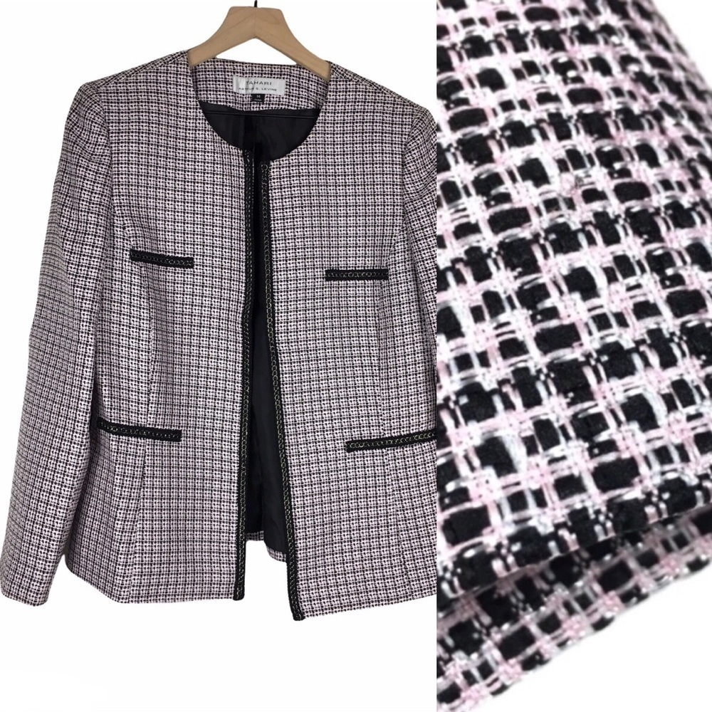 TAHARI Jacket Blazer Tweed Woven Open Front Wedding MOB Work Career Plus Size 14